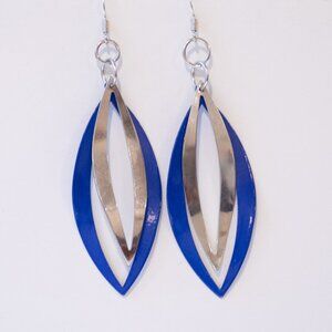 Large Blue Enamel and Small Silver-tone Leaf Shaped Drop Earrings